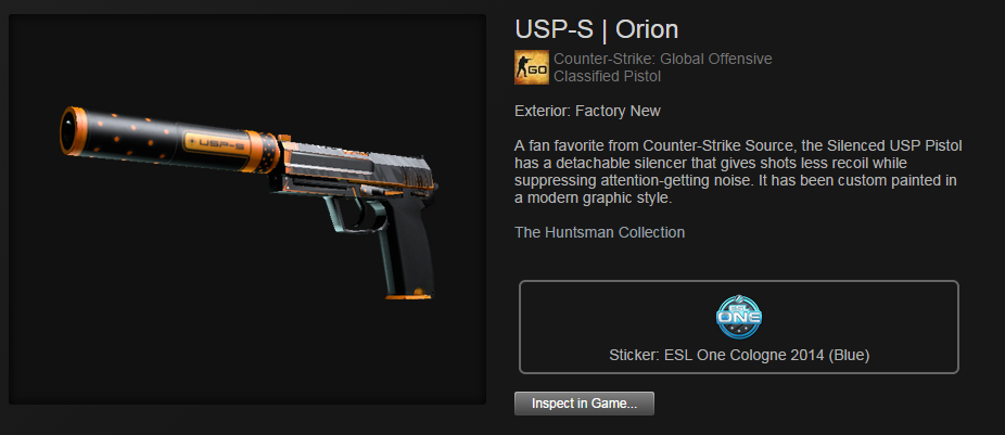 AnderUK's tweet photo. Follow + RT for your chance to win the USP-S Orion (Factory New). Winner chosen at 1650 follows. #Giveaway #CSGO http://t.co/mMRL2Yo7iu