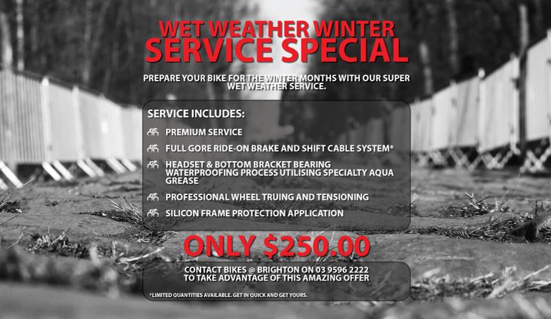 Don't let your bike perish this winter. Prepare your bike this winter with our "Wet Weather Winter Service Special".