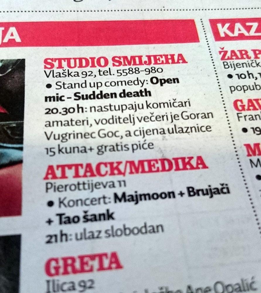 StudioSmijeha's tweet photo. Raspored predstava možete naći i u tiskanom izadnju @jutarnjihr Danas je Open mic! http://t.co/8XwCLWUGFb http://t.co/yWO9yP1YXH