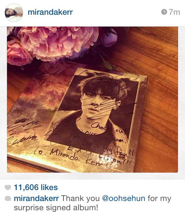 SMent_EXO's tweet photo. "check out our album. I'm a big fan!! E.X.O Listen!!!

To. Miranda Kerr!!"  http://t.co/oz8aaoo4hw