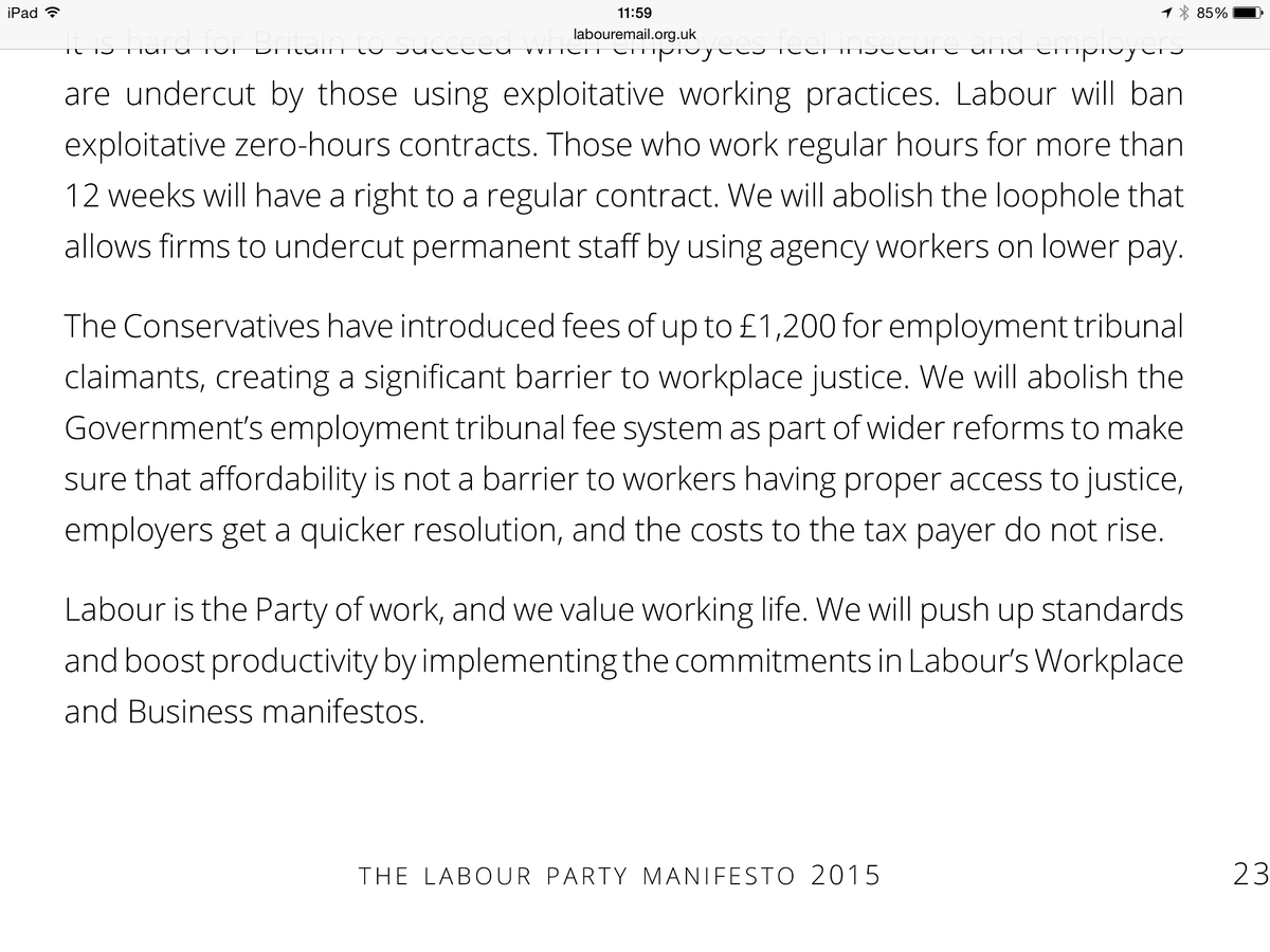 jimjwright's tweet photo. #labour manifesto extract on employment tribunal fees. Probably suggests means testing for fees? http://t.co/yIcYyvOxlR