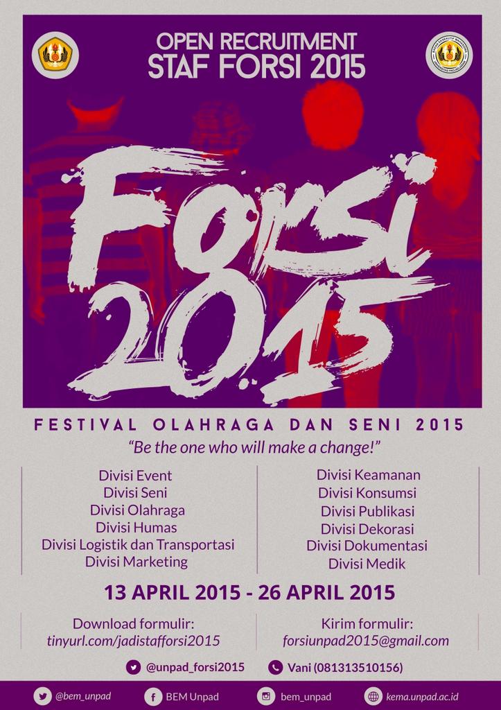 BFF_Unpad's tweet photo. Open Recruitment Staf Forsi 2015. Download formulir>>
http://t.co/0c7qHgumAv http://t.co/zFQvoszCXU