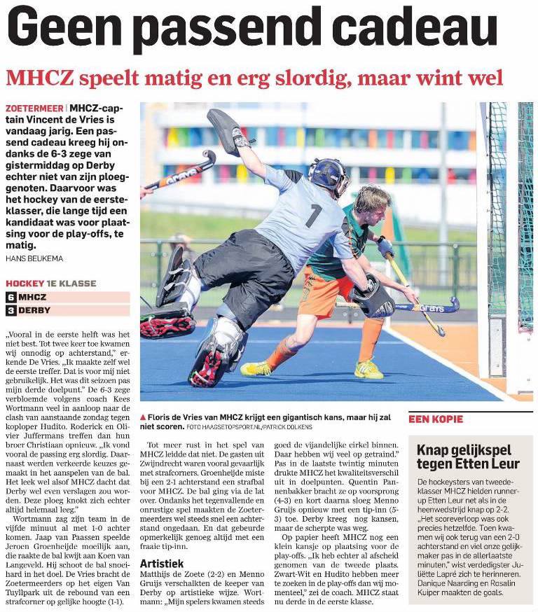 Uitslagen: Heren 1 - Derby (6-3) / Etten-Leur - Dames 1 (2-2)