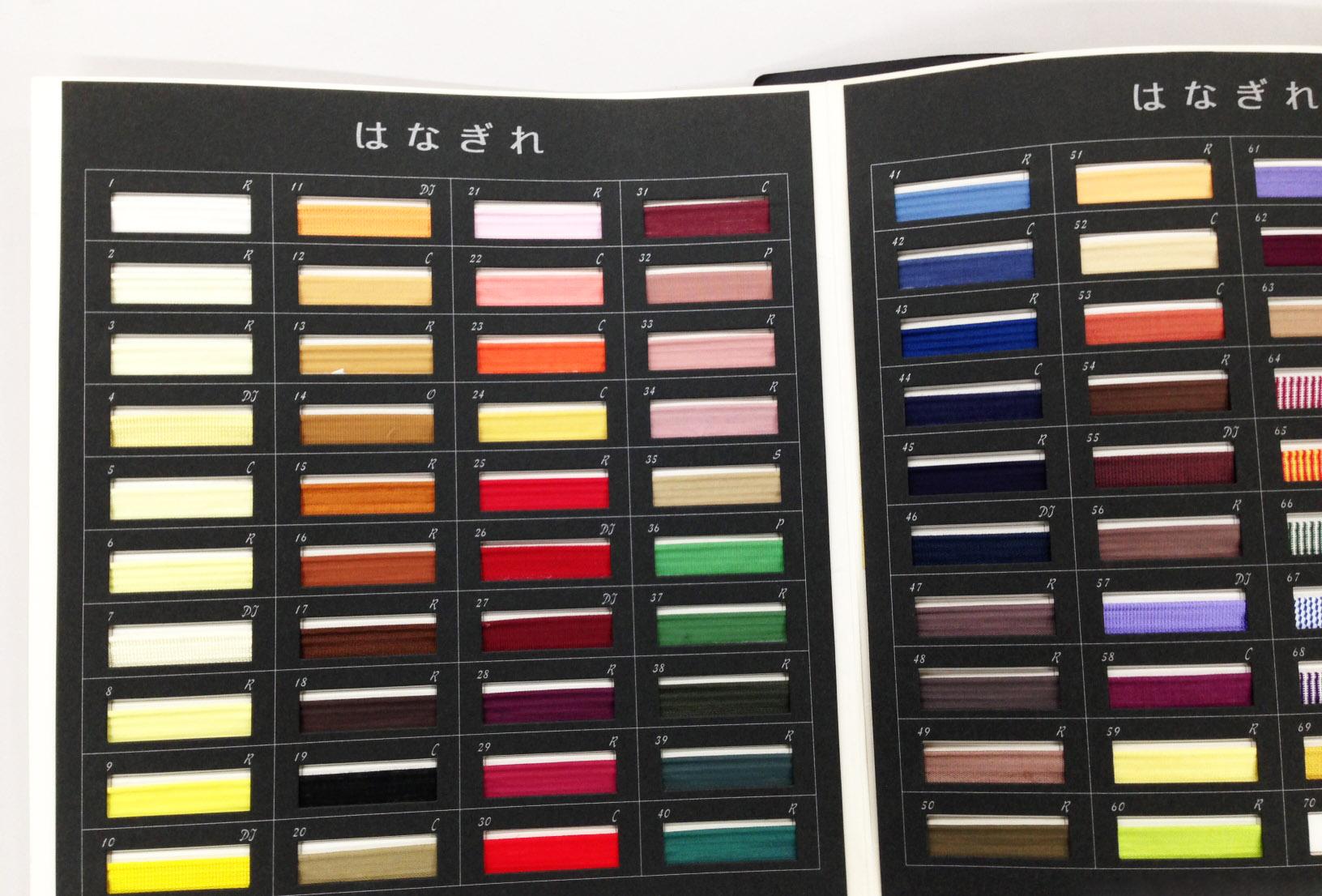 そうえん社編集 閉じた上製本を立てて上から見た時に 背表紙と本文用紙の間に少しだけ布が見えますが これが はなぎれ 花布 写真ははなぎれの見本帳です 今日は 5月新刊のために 写真のいちばん左下にある黄色いはなぎれを選びました 続く