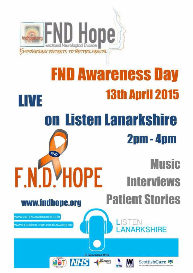 FNDScotland's tweet photo. Tune in today 2pm-4pm to hear dedicated songs, stories &amp; interviews by FND patients  #fndhope #listenlanarkshire http://t.co/xOQafisOvN