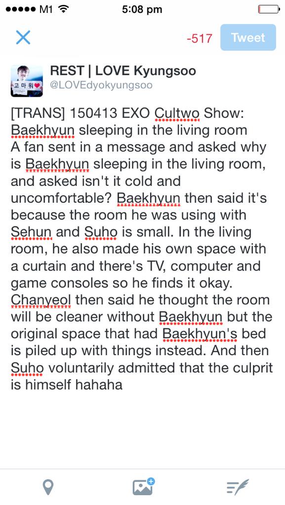junsoojng's tweet photo. "@LOVEdyokyungsoo: [TRANS] 150413 EXO Cultwo Show: Baekhyun sleeping in the living room http://t.co/77l4Ns8aTG"