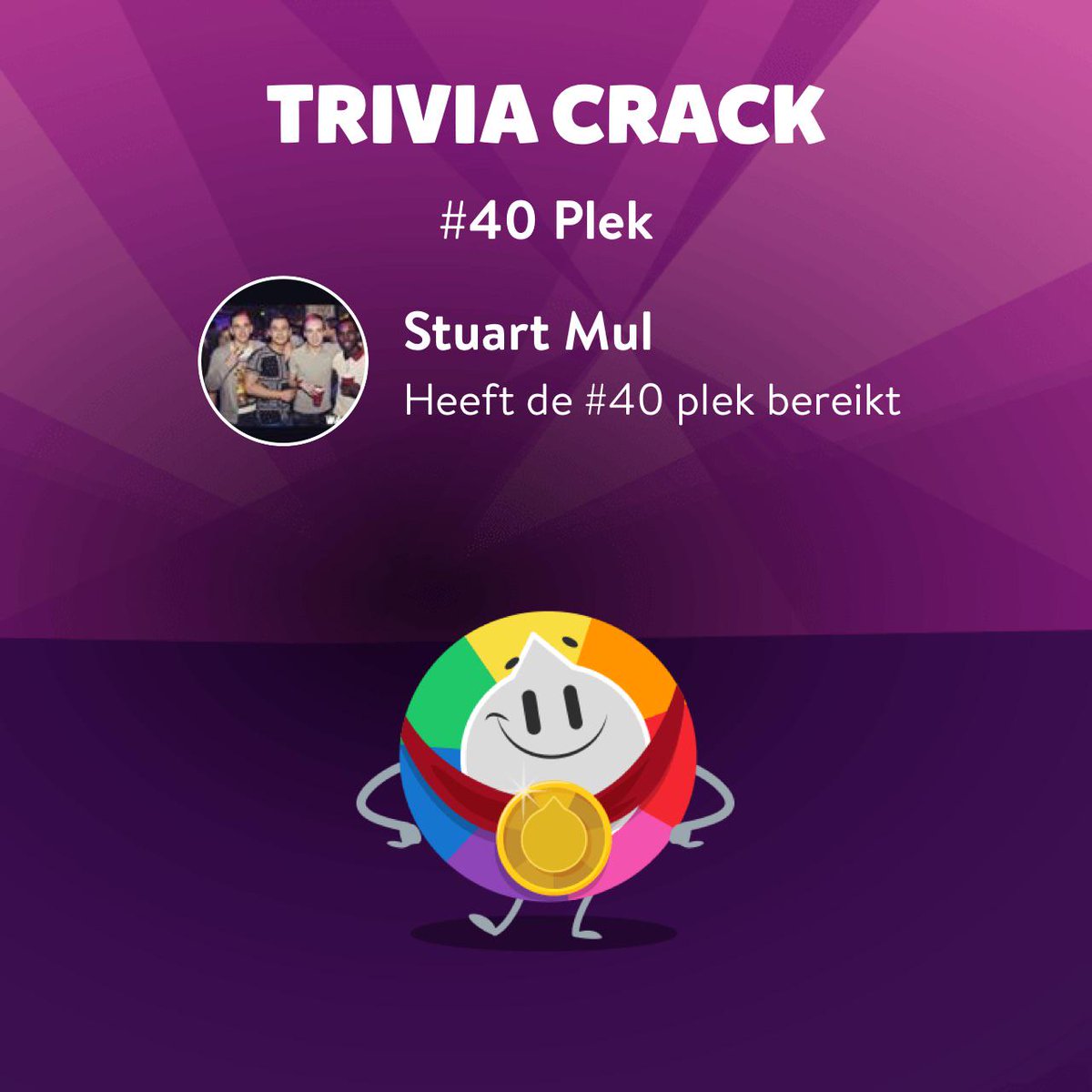 Stuart__M's tweet image. Ik heb de #40 plek in de wekelijkse ranglijst bereikt ! triviacrack.com/nl/landing