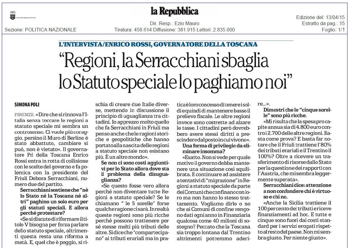 Falso che #Sicilia trattenga 100% tributi come dice <a href="/rossipresidente/">Enrico Rossi</a> a @repubblicait. Autonomia finanziaria inattuata