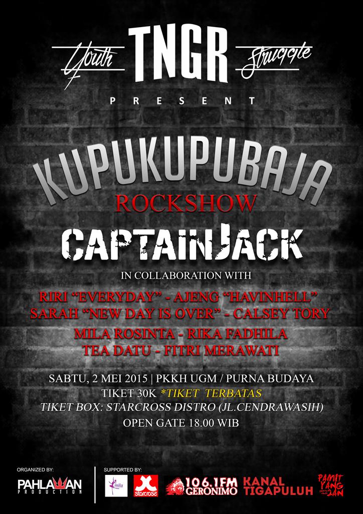 captainjackband's tweet photo. Untuk tiket box "Kupu Kupu Baja Rock Show" ada di @starcross_ (Jl.Cendrawasih) | Harga tiket 30rb *tiket terbatas! http://t.co/Ljk0VP6nPV