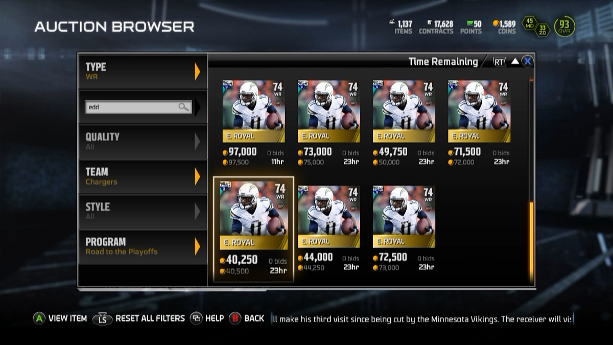 UTAuction's tweet photo. WR RTTP Eddie Royal 40k #MUT15 #UTAuction http://t.co/mDn5gPU6p9