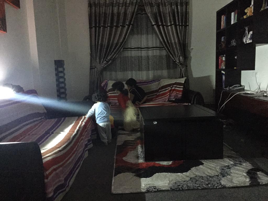ammar82's tweet image. No power. All my backup sources out. Only one flashlight left. No fuel. Bombing. Kids bored. Me too. #KefayaWar