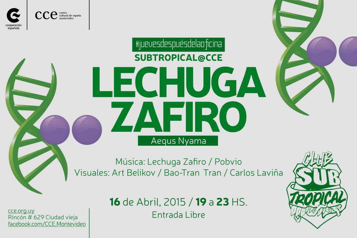 ClubSubtropical's tweet photo. Este jueves continúa nuestro pasaje x el #CCE, el turno es de @lechugazafiro con su proyecto AEQUS NYAMA. GRATIS http://t.co/WyVPV6MKJV