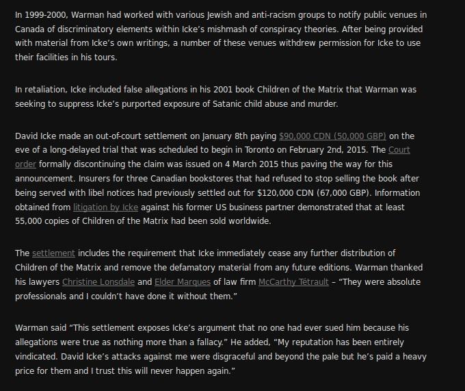SAFFtweets's tweet photo. David Ike's Satanic Accusations proved completely untrue. Pays 50,000 damages and pulps his book #ChildrenofTheMatrix http://t.co/ZYFyUIOf1b