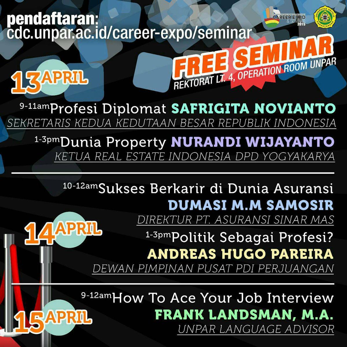 Jadwal kegiatan kita besok ada seminar Sesi 3"Sukses Berkarir di Dunia Asuransi" dan Sesi 4 "Politik sebagai Profesi"