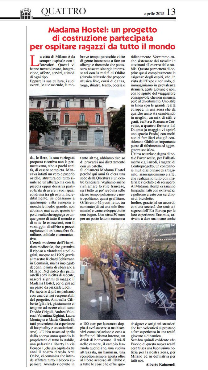 MadamaHostel's tweet photo. #ostello #madama: ringraziamo Quattro, giornale di informazione e cultura della zona 4 di #Milano, per l'#intervista. http://t.co/P4m04uH1Fk