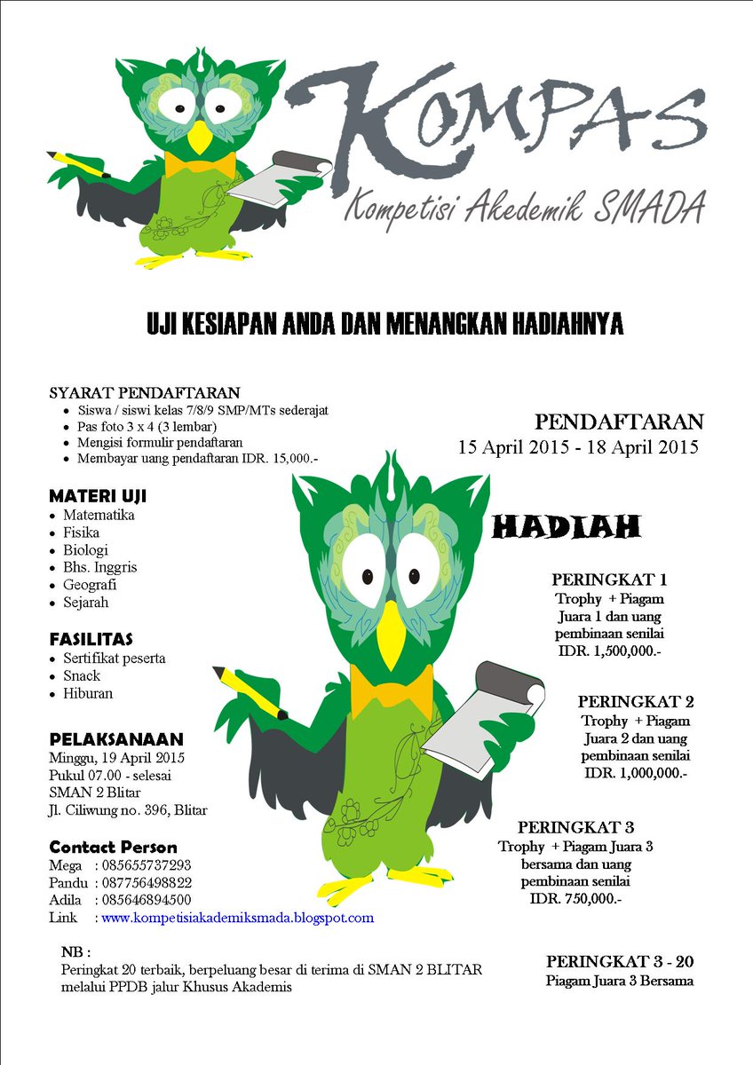 SSAblitar's tweet photo. Ikutilah Kompetisi Akademik Smada (KOMPAS) 2015 tingkat SMP/Mts sederajat se-Blitar Raya. Info lanjut: @kompas_2015 http://t.co/T0hM8GUD83