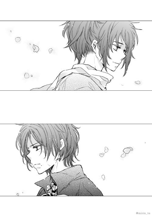 出会って間もない沖田組が、初めて同じ部隊で出陣した後の話。
まだ距離感つかめなくてクールぶりつつ内心気にしまくりな清光と、色々察する安定。 