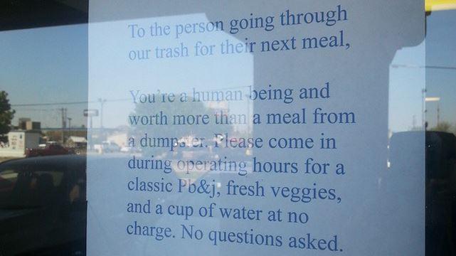 FOX59's tweet photo. Restaurant's message to dumpster diver goes viral: http://t.co/baNw54Zsvw http://t.co/BY67c3nwhg