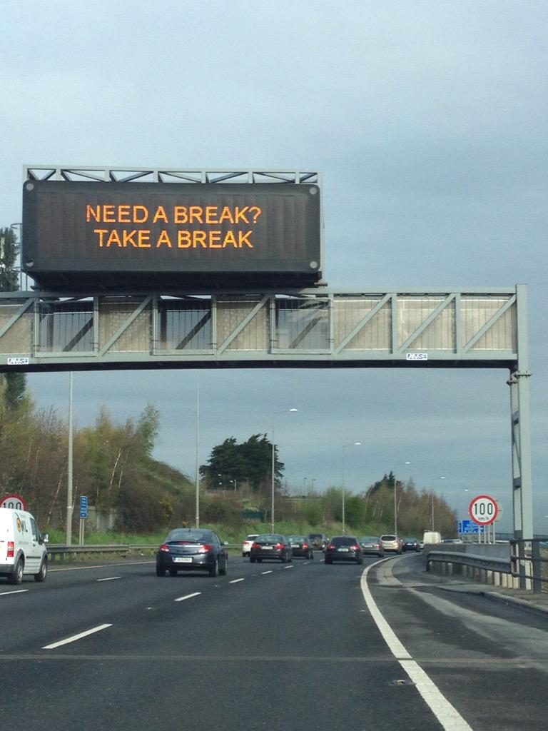 sidmobadger's tweet photo. This morning's M50 road signs sponsored by @KITKAT. http://t.co/o75HbaTYFP
