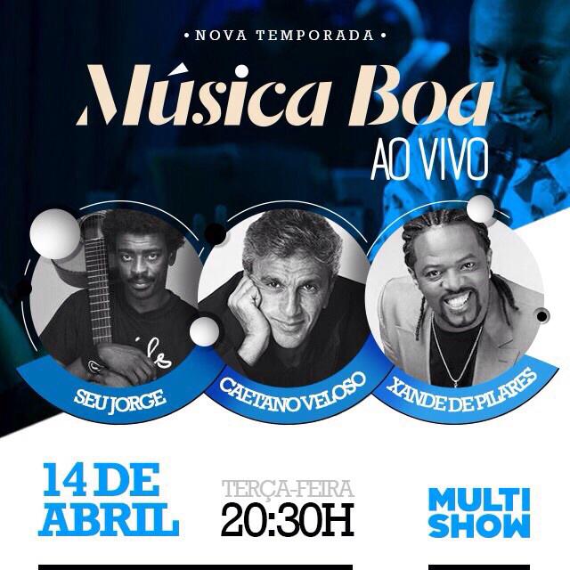 AMANHÃ tem #MúsicaBoaAoVivo e o @thiaguinhocomth recebe Seu Jorge, Caetano Veloso e Xande de Pilares!!! NÃO PERCAM!!!