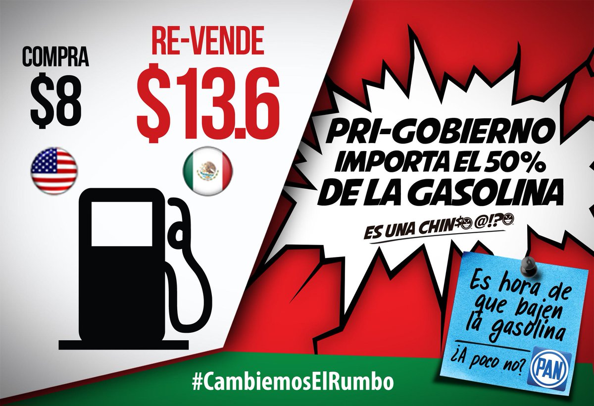 CDEPANVeracruz's tweet photo. @gobrep compra la gasolina en EU a $8 y la revende en México a $13.6. No es justo, es hora #CambiemosElRumbo http://t.co/oC3W4cKeLV