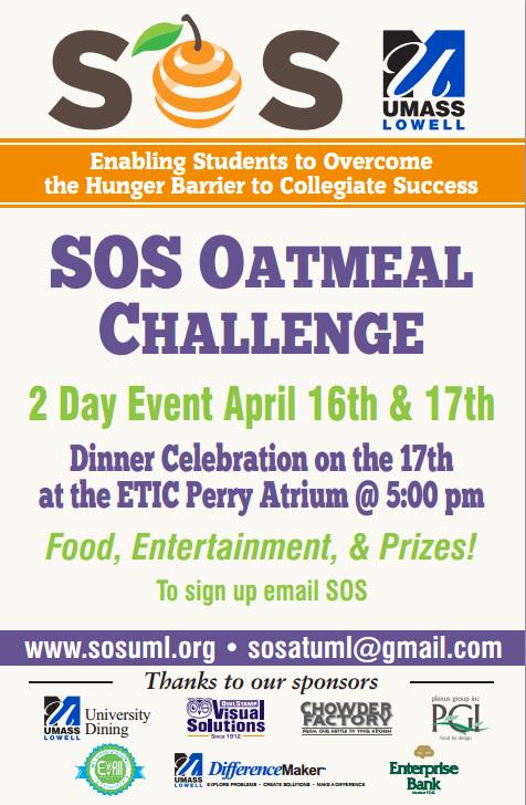SOS_UML's tweet image. Last day to sign up for the Oatmeal Challenge & Dinner & #coatmyoats contest - 1st prize $100 gift card #endhungernow