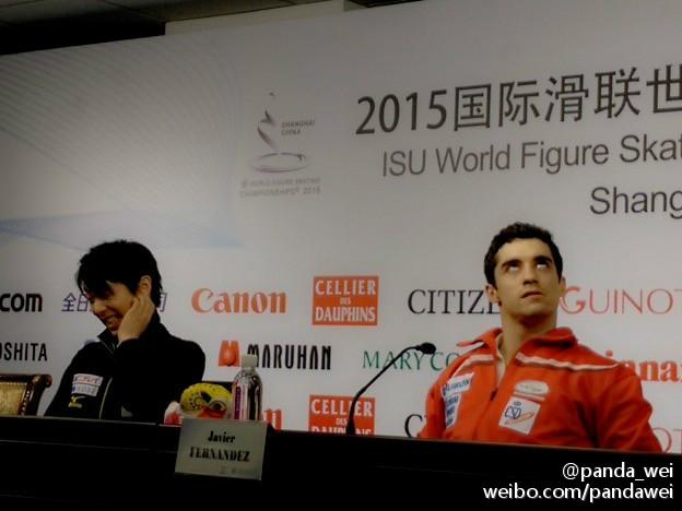 HanyusPooh's tweet photo. U ask:"Can Yuzuru be goofy?" As @javierfernandez's eyeroll seems 2 indicate..yes! I taught him all dumb jokes I know! http://t.co/5EvwTStvdI