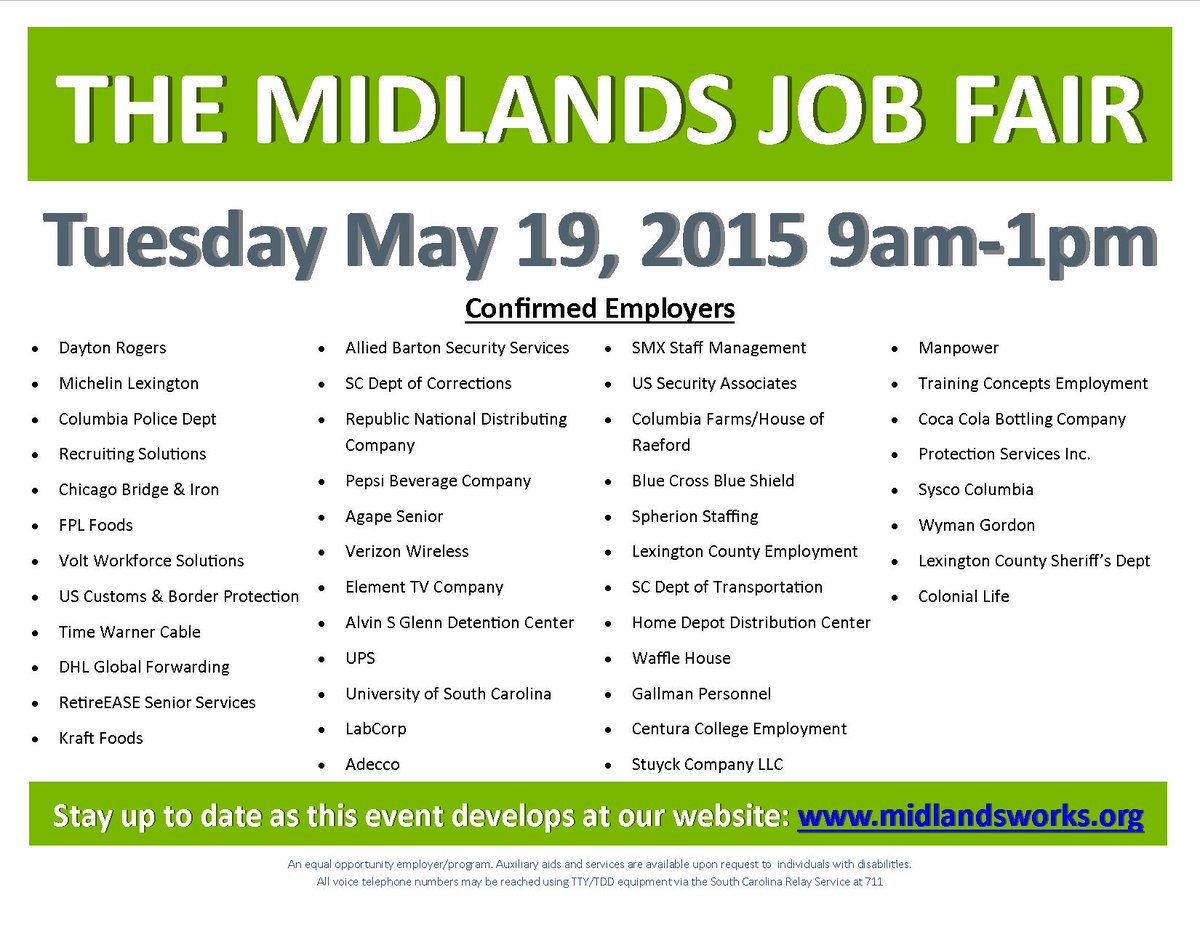 More employers registering every day for the Midlands Job Fair! midlandsworks.org/public_docs/JF…
<a href="/WLTX/">News19 WLTX</a> <a href="/AmiciaRamsey/">Amicia Ramsey</a>