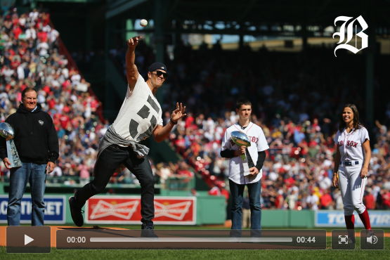 BostonGlobe's tweet photo. Video: Tom Brady throws out the first pitch before the Red Sox #HomeOpener. http://t.co/YnesE75d4g http://t.co/RkqM5qWR6r