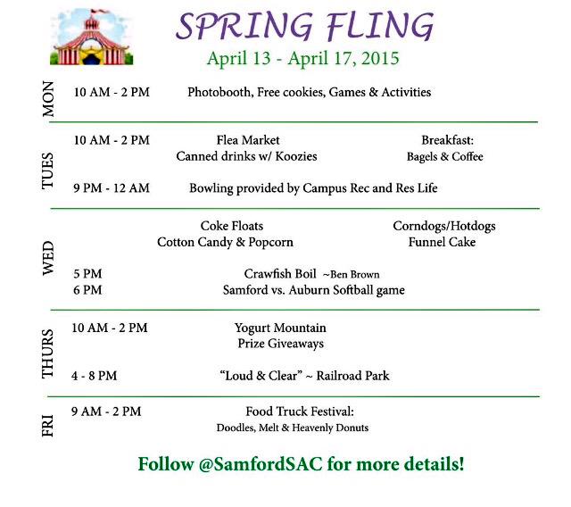 samfordgreeks's tweet image. Be sure to check out this week's Spring Fling events. Thanks @SamfordSAC for planning a week of fun! #springfling15