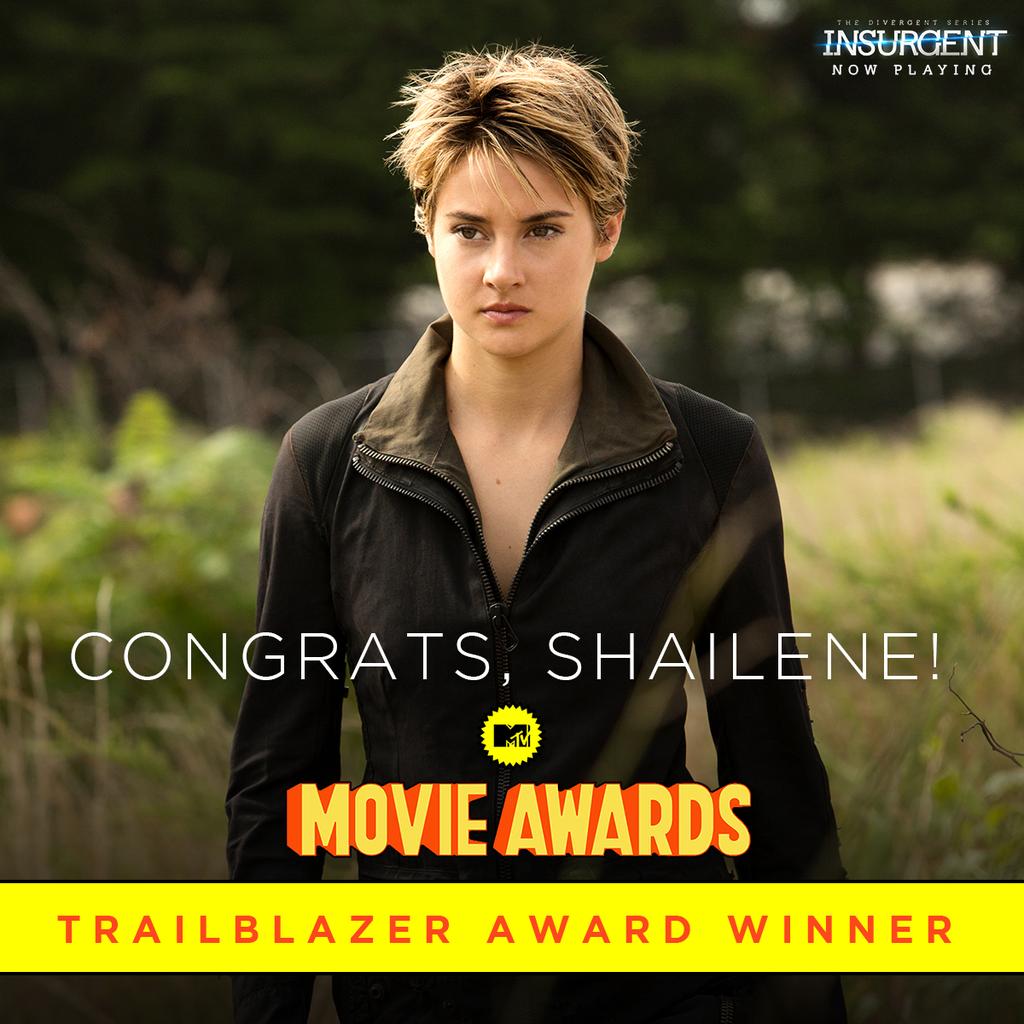 AllegiantUK's tweet photo. Thrilled to see our Tris, @shailenewoodley being honoured at the @MTV #MovieAwards with the Trailblazer Award! http://t.co/uVGNMXaYAF