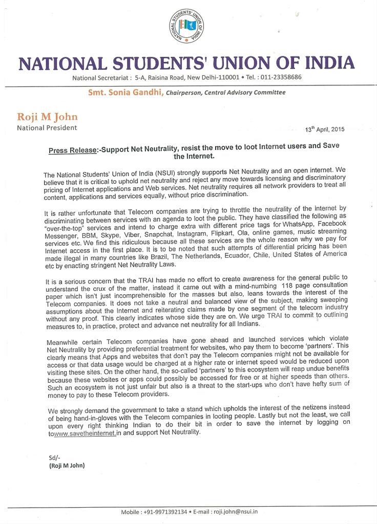 nsui's tweet image. NSUI strongly stands for #NetNeutrality in #India. We&apos;ll not allow this attempt to stifle netizens. #FreeTheNet