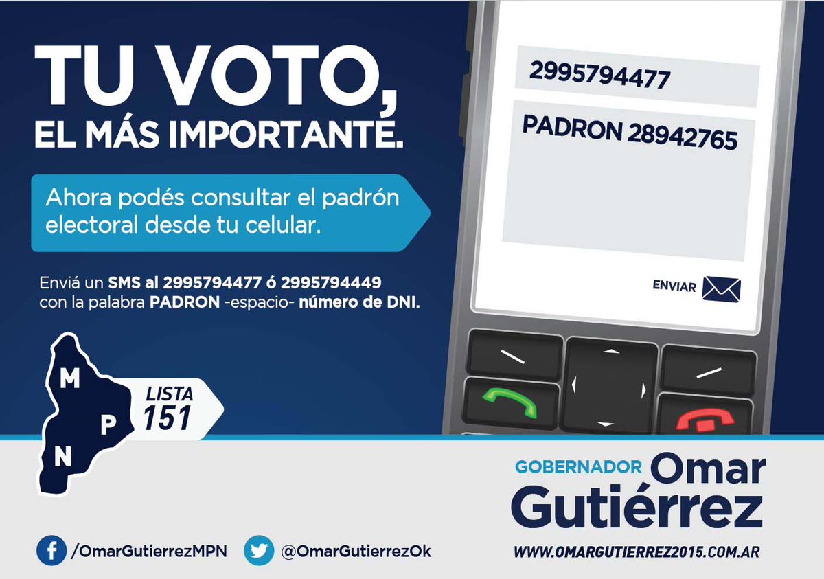 OmarGutierrezOk's tweet photo. El 26 de abril, cuidá y elegí Neuquén con tu voto. Valoralo porque es el más importante. Confirmá tu padrón. http://t.co/pMy9qCefJA