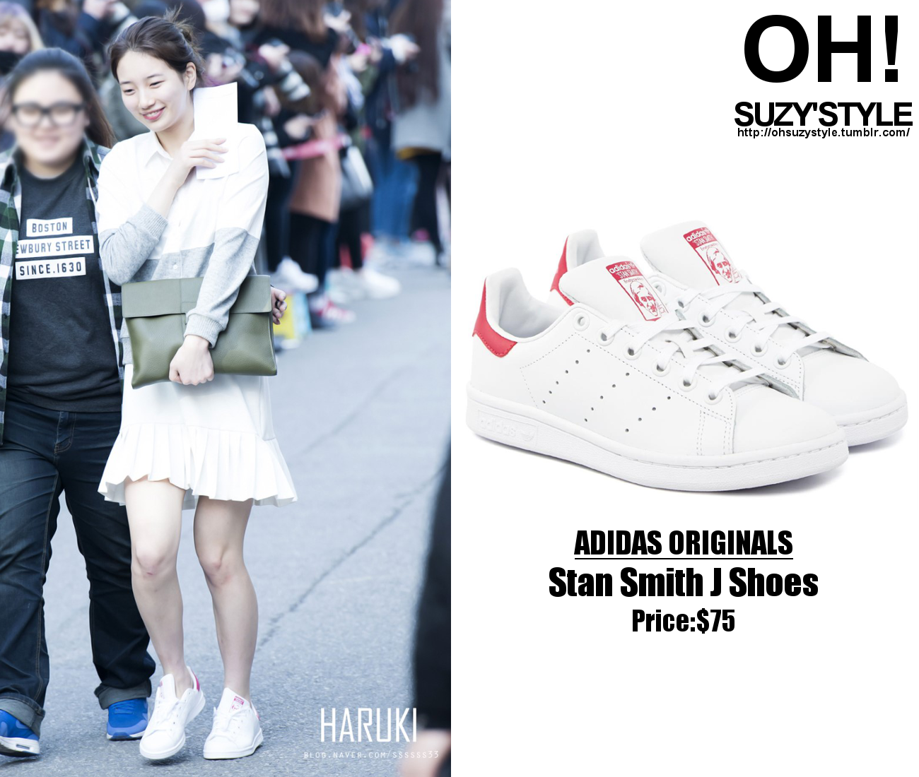 Bae Suzy Style on Twitter: "[#SUZYSTYLE] Stan Smith J Shoes (White&amp;Pink) Price:$75 Brand:Adidas &lt;150410 On The Way to Music Bank&gt; #fashion http://t.co/N9xwhmm2bv" / Twitter