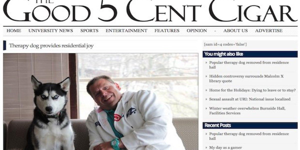 HuffPostCollege's tweet photo. Student newspaper story leads to therapy dog's removal from @universityofri residence hall http://t.co/znacSSIlOm http://t.co/i4bQkvFUl4