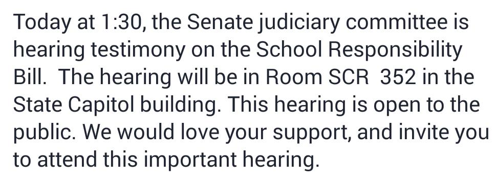prayforclaired's tweet photo. At 1:30pm the Senate is hearing The School Responsibility Bill. It's open to the public, we would love your support💜 http://t.co/DMPQGD5kdG