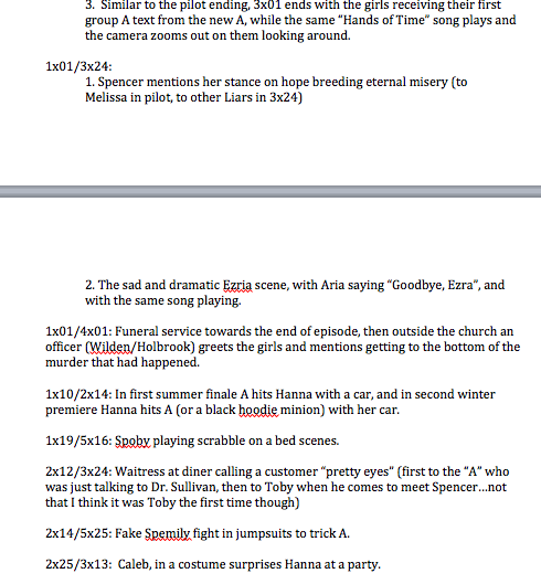 zag195's tweet photo. I decided to take the time to list all the multi episode parallels so far in #PLL , here's the ones I thought of ;) http://t.co/kqwpmnc0BF