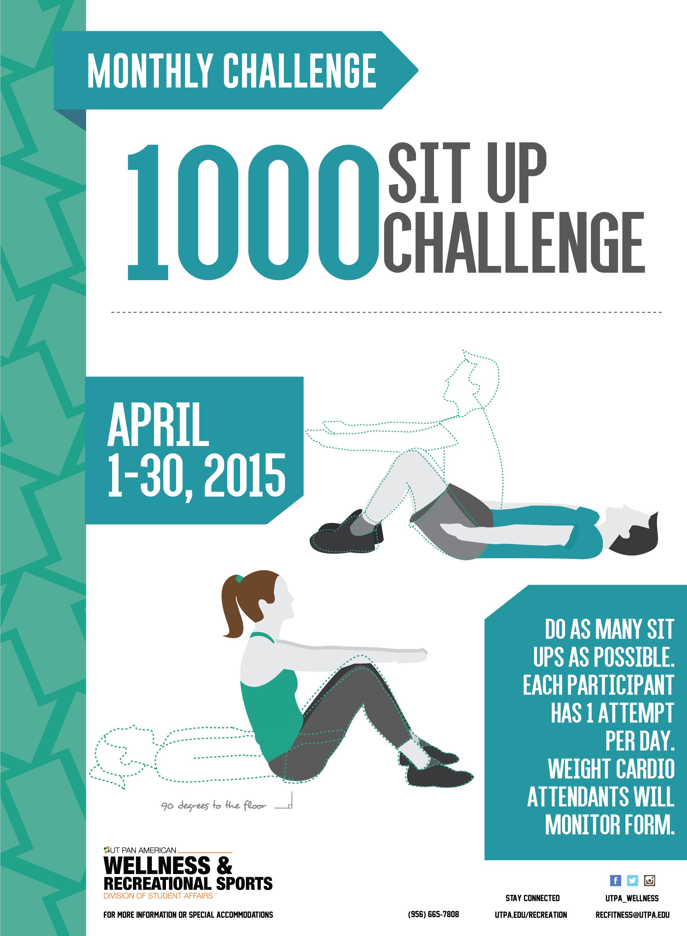 UTRGV UREC on X Have you heard about our new monthly challenge Come try out the 1000 Sit Up Challenge for the month of April http t n5rIkKYfuY X