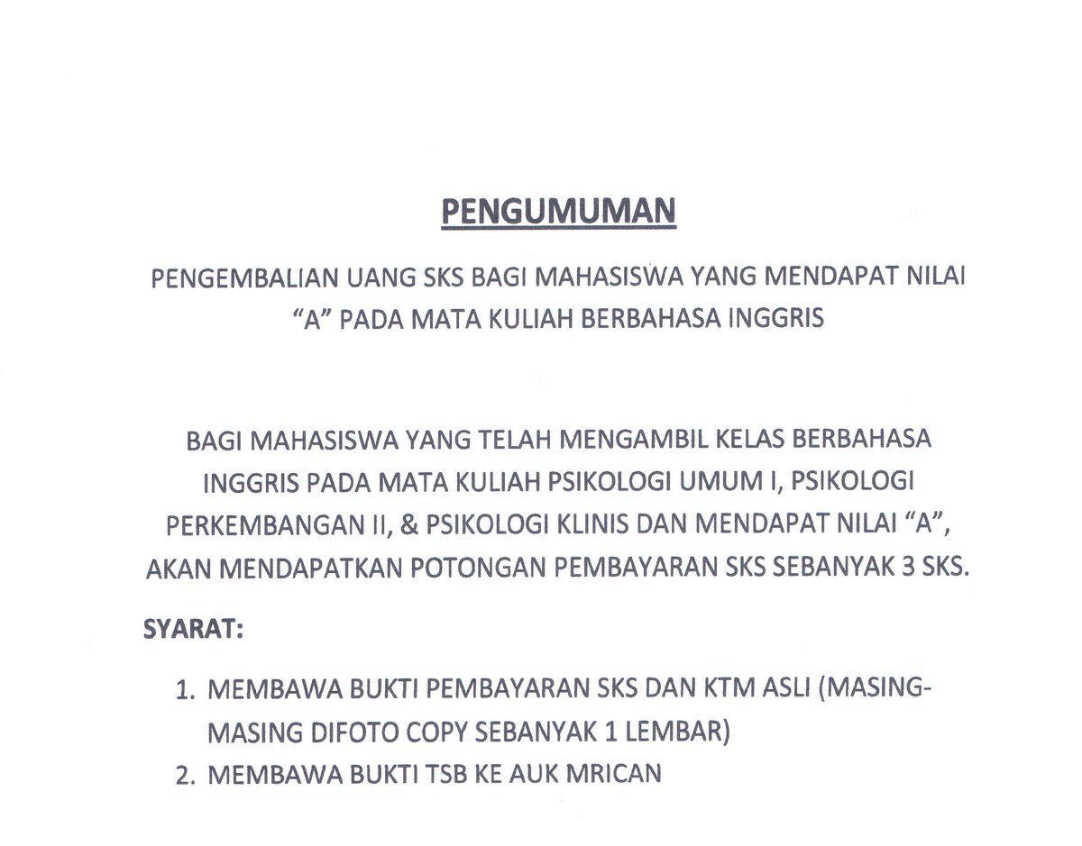 PENGUMUMAN PENGEMBALIAN UANG SKS BAGI MAHASISWA YANG MENDAPAT NILAI "A" PADA MATA KULIAH BERBAHASA INGGRIS