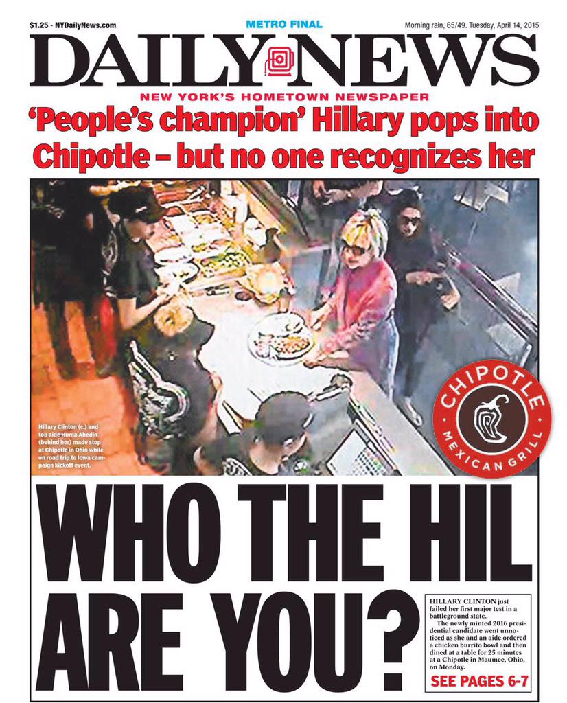 NY Daily News Clinton cover Chipole Who the Hil are you