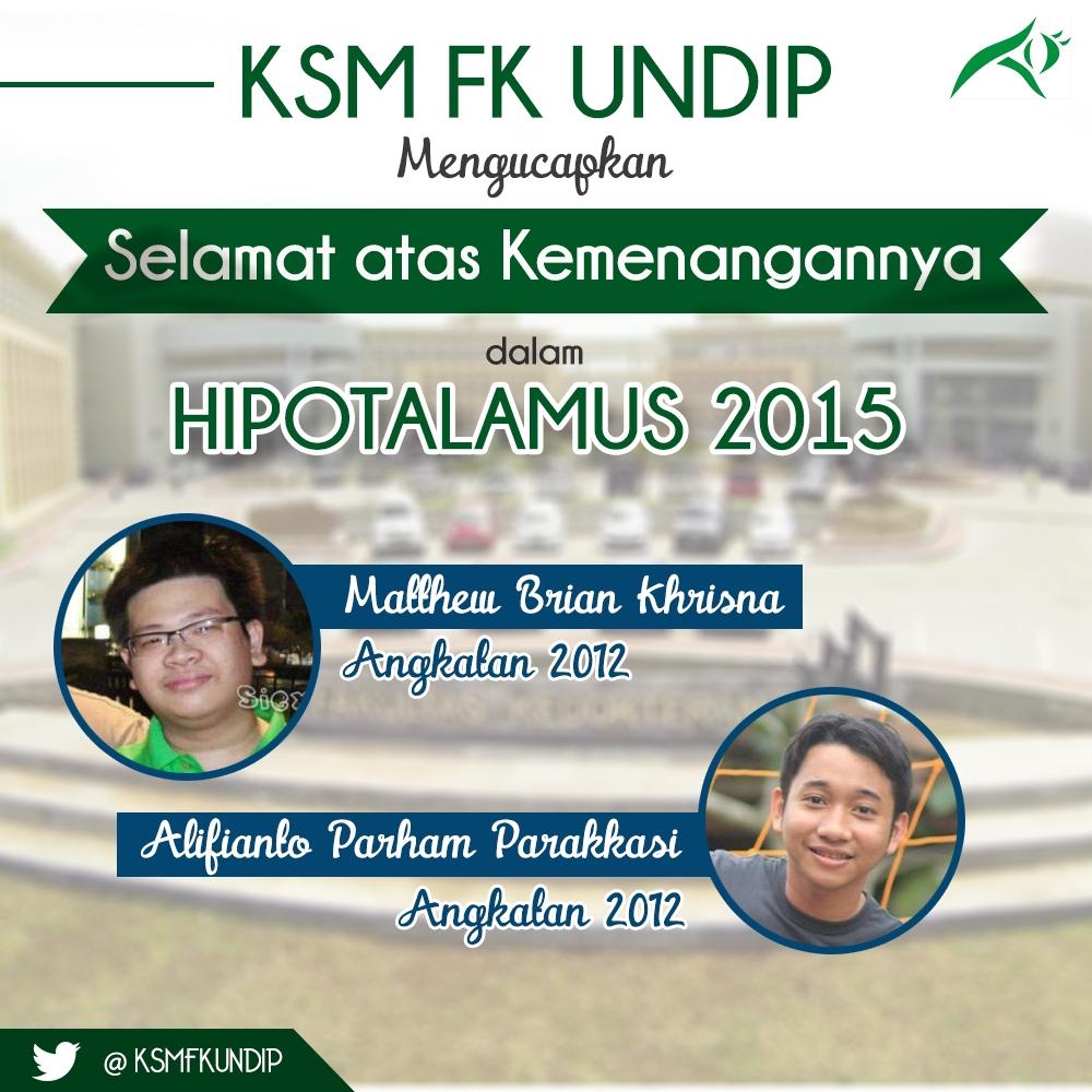 Selamat kepada : 

Alifianto P. dan Matthew Brian

Sebagai Juara 1 Poster Publik dalam Hipotalamus FKUJ 2015