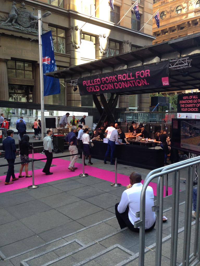 AussieRelo's tweet photo. Head to Martin Place CBD for free lunch - gold coin donation to charity of your choice = pulled pork roll http://t.co/DmWzhBZGxJ