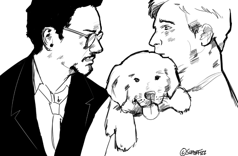 ElizabethJLea's tweet photo. "Can we keep him?" @RobertDowneyJr @ChrisEvans  #stony #theavengers #Tonysecretlylovesdogs http://t.co/oOQEFMdtTc