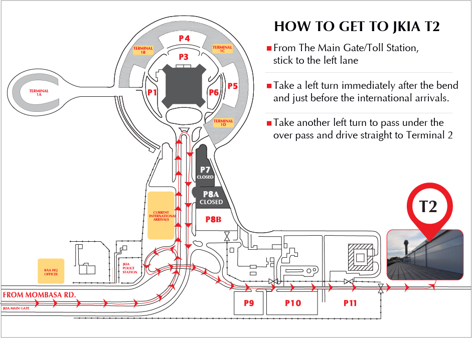 CaimanTech_KE's tweet image. How to get to JKIA's new Terminal 2 (T2)  - via @Kenya_Airports #FlyKenya