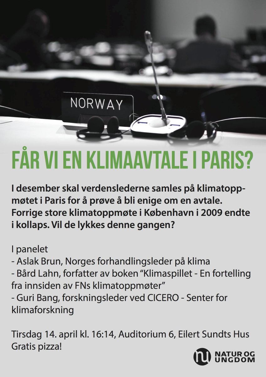 Natur og Ungdom har temamøte i dag og stiller som vanlig med gratis pizza. Eilert Sundts hus, aud. 6 kl. 16:15!