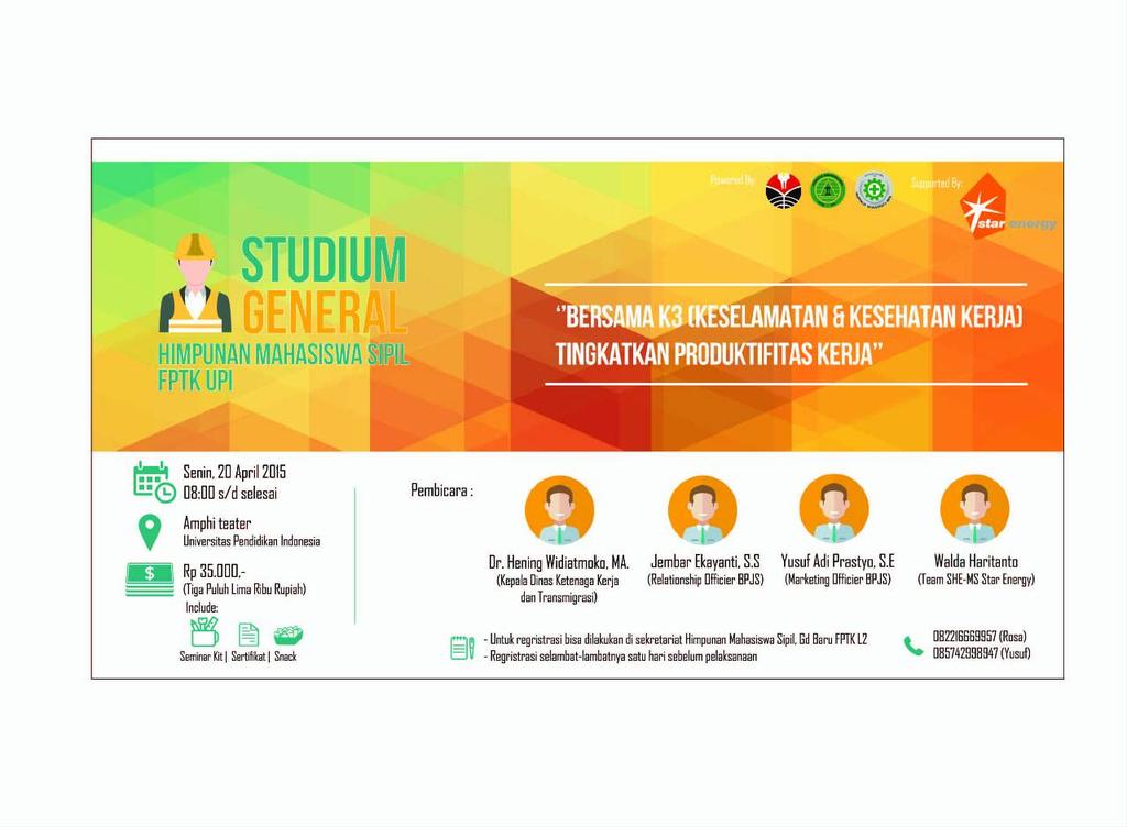 HMS_UPI's tweet photo. Studium General "Bersama K3 Tingkatkan Produktivitas Kerja"
Senin, 20 April 2015
Gd. Amphiteather
More info : http://t.co/Sle4Q8qdMU