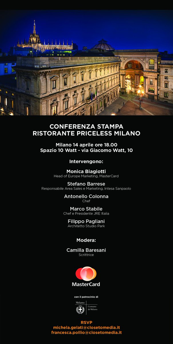 MastercardIT's tweet photo. #Oggi dallo Spazio 10Watt il #live della #conferenzastampa #PricelessRestaurant #MastercardIT #Milano. Stay tuned! http://t.co/WJ3wWTkEqG