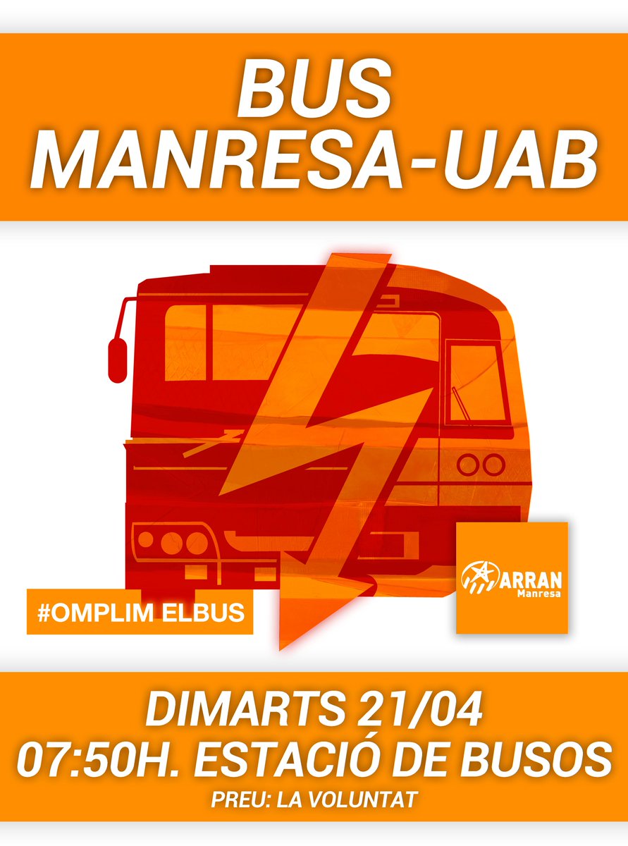 ArranManresa's tweet photo. Demostrem que el transport públic per anar a les universitats és insuficient! El 21 d'abril #OmplimElBus cap a la UAB http://t.co/dvtHAYKb4u