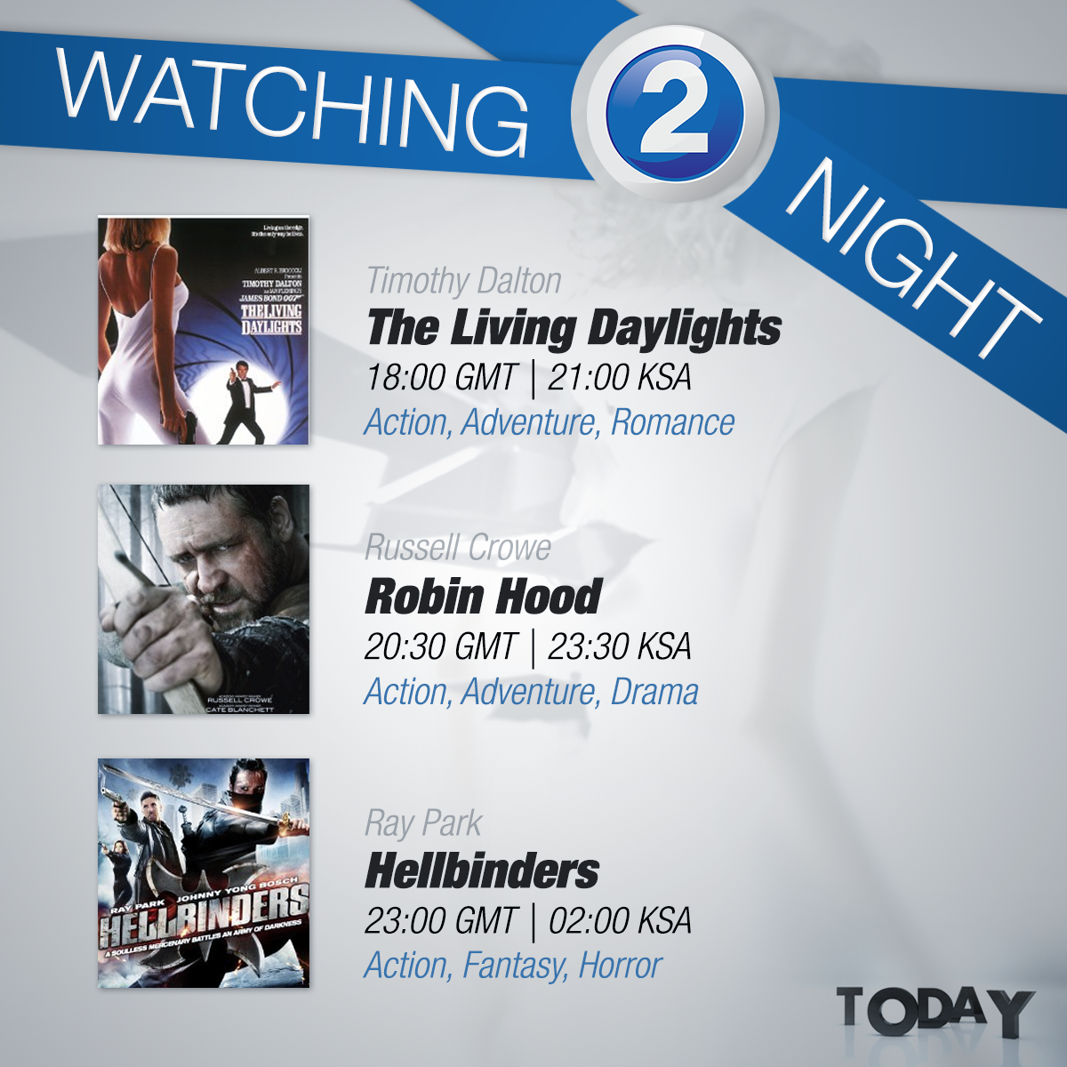 mbc2's tweet photo. سهرة الليلة أحلى مع #MBC2
1) #TheLivingDaylights
2) #RobinHood
3) #Hellbinders
نتمنى لكم مشاهدة ممتعة http://t.co/L3rybHde0G