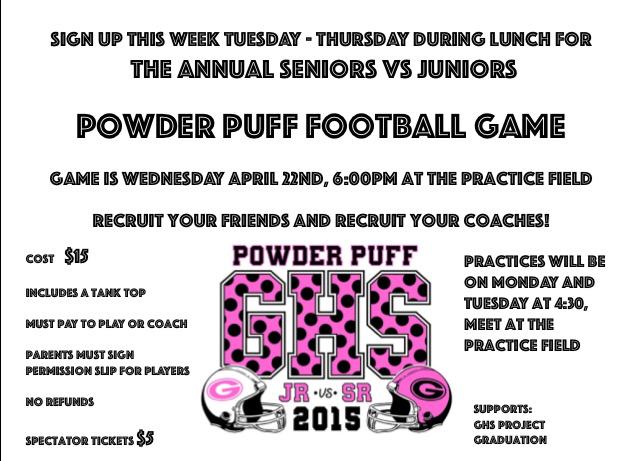 ProjectGrad's tweet image. Tickets on sale today for Annual Powder Puff game Wed 4/22 at 6pm! $15 for players/$5 for spectators. Jr.vsSr. #efnd